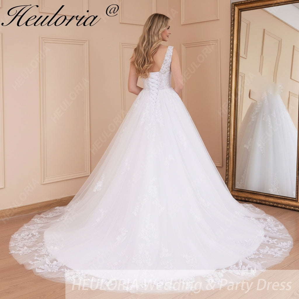 HEULORIA A-line V-Neck Court Train Lace Wedding Dress With Sequins beading AL-560A