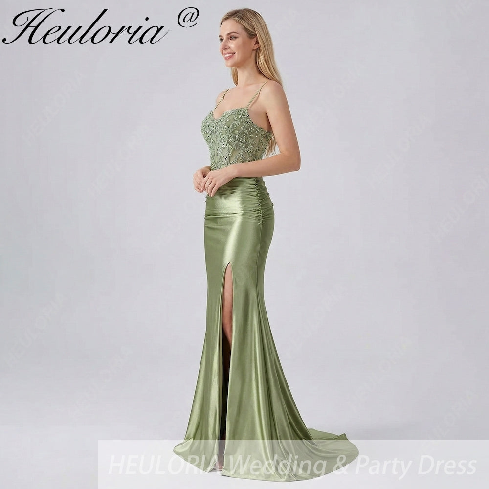 Sage Green Beaded Corset Prom Dress | Satin High Slit Gown  heuloria
