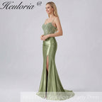 HEULORIA Sage Green Beaded Corset Satin Prom Dress with High Slit and Lace-Up Back ED-217