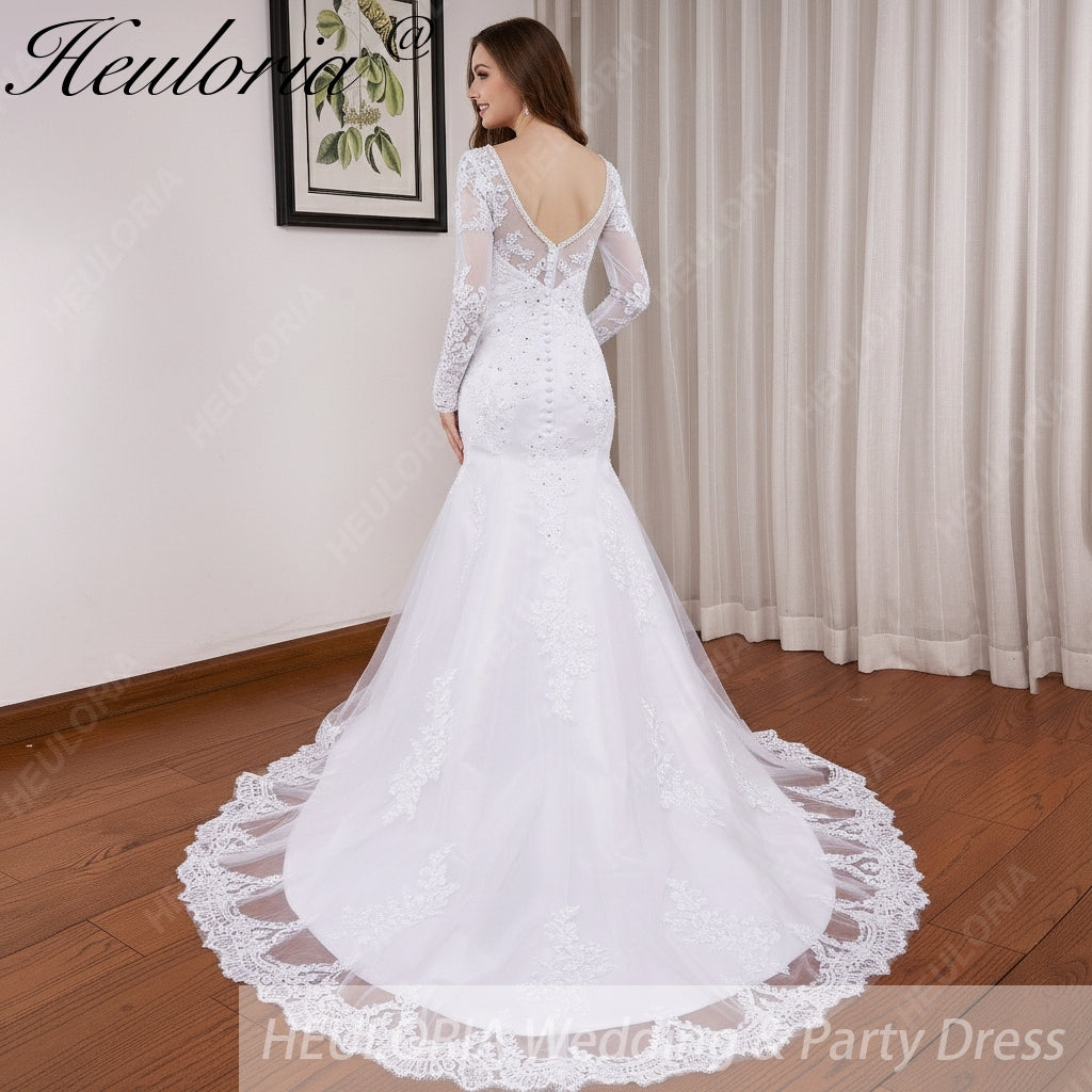 HEULORIA elegant mermaid Wedding Dresses long sleeve o neck lace beading plus size Bride Dress Robe de mariage customize ME-623 Immagine secondaria del prodotto