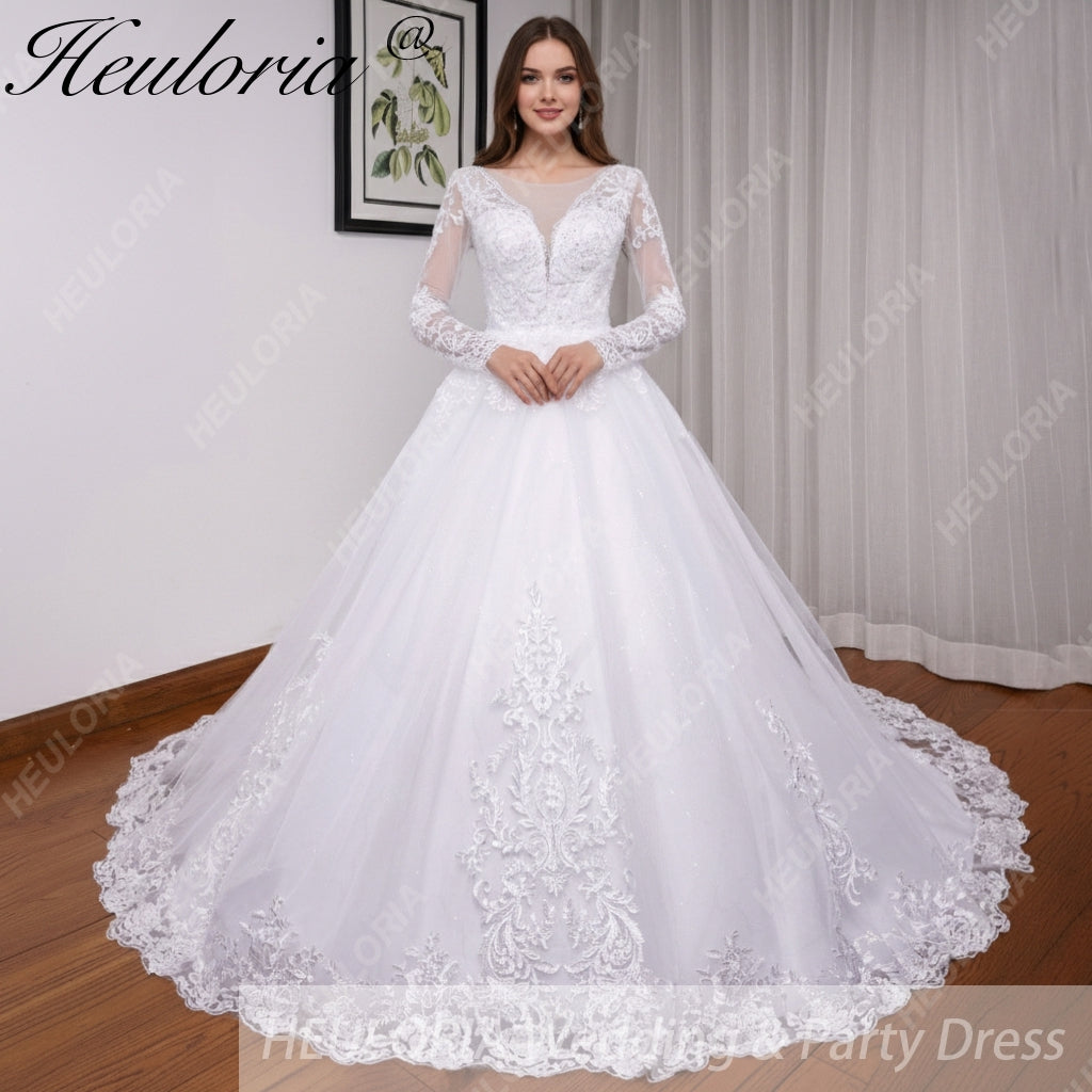 HEULORIA princess wedding dress long sleeve lace beading bride dress plus size robe de mariee Wedding gown BA-702