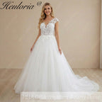 HEULORIA 3D Floral Lace A-Line Wedding Dress with Illusion V-Neck & Romantic Cap Sleeves AL-1042