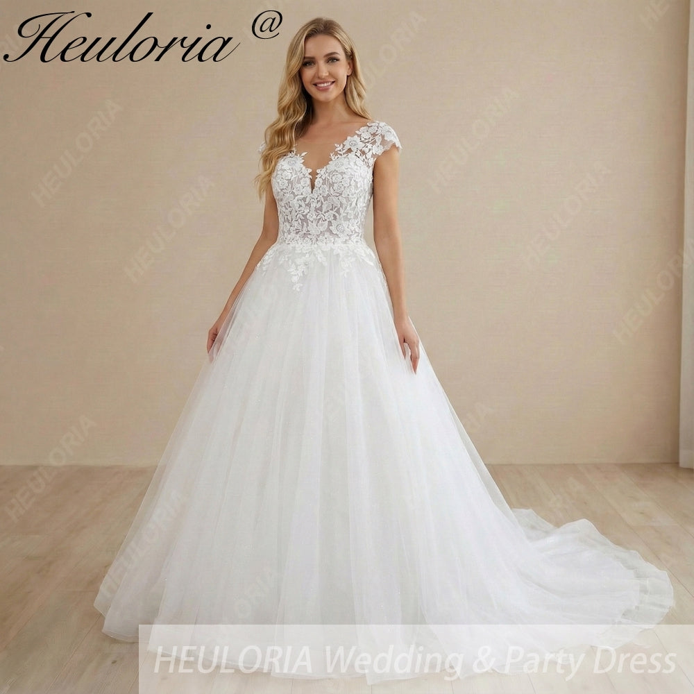 HEULORIA 3D Floral Lace A-Line Wedding Dress with Illusion V-Neck & Romantic Cap Sleeves AL-1042