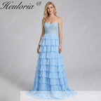 HEULORIA Strapless Sweetheart Lace Bodice Tiered Ruffle Chiffon Prom Gown - Available in Multiple Colors evening dresses ED-235