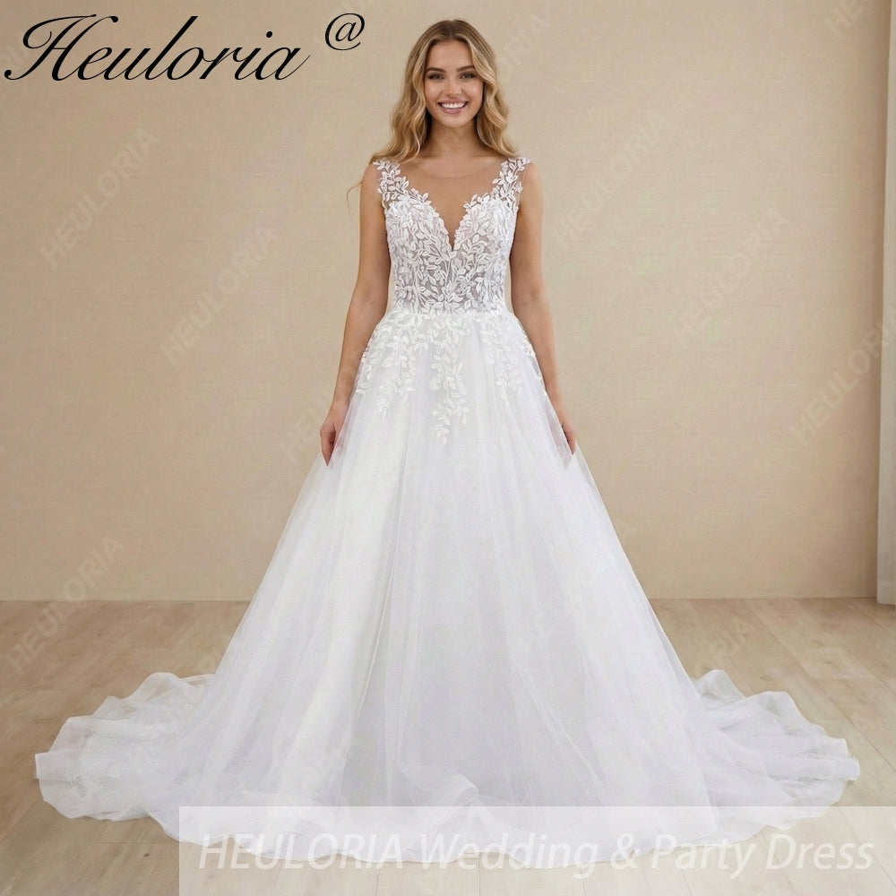 HEULORIA Ethereal Leaf Lace Plunging V-Neck A-Line Wedding Dress with Shimmer Tulle and Corset Back AL-1045