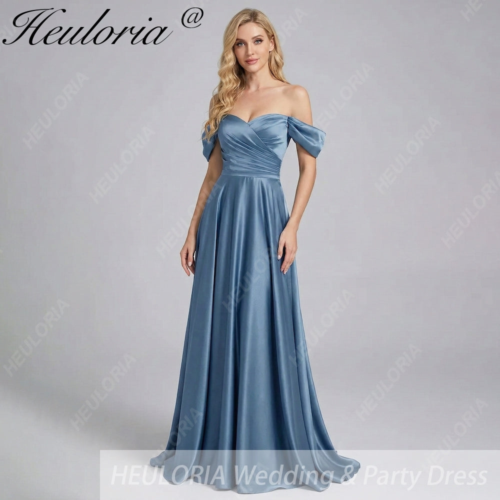 HEULORIA Elegant Off-The-Shoulder Pleated Satin Gown - Sweetheart Neckline A-Line Formal Evening Dress ED-232