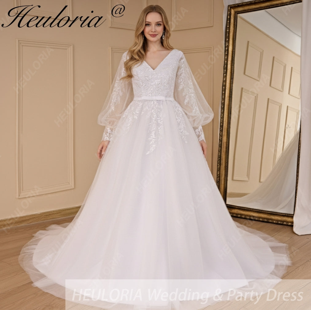 HEULORIA elegant A line long sleeve Court Train Tulle Lace Wedding Dress With Sequins AL-694