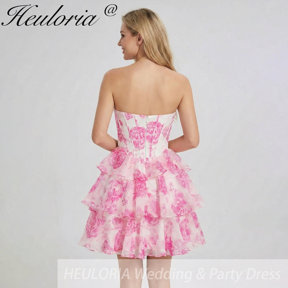 HEULORIA Enchanting Floral Print Strapless Tiered Ruffle Mini Dress - Corset Bodice with Crystal Brooch ED-291 Image secondaire du produit