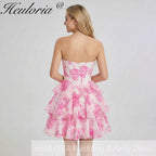 HEULORIA Enchanting Floral Print Strapless Tiered Ruffle Mini Dress - Corset Bodice with Crystal Brooch ED-291