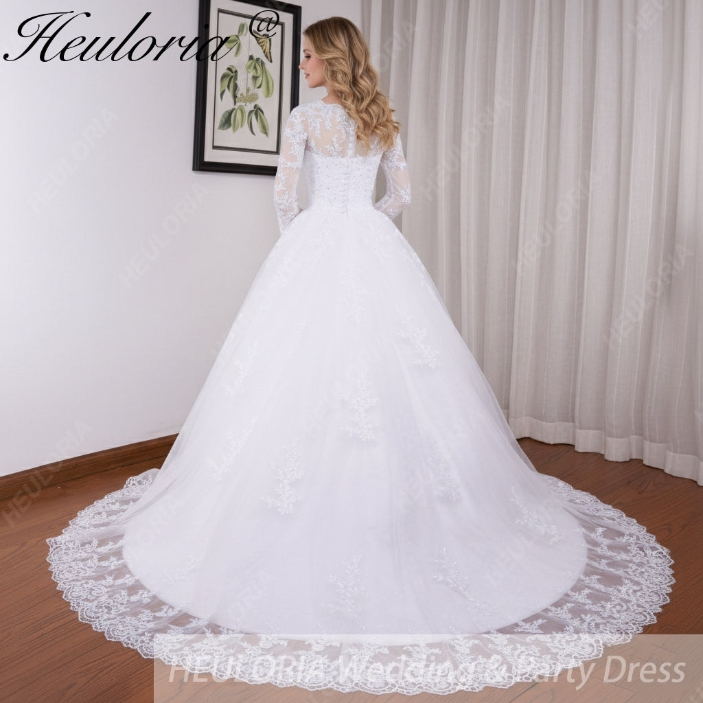 HEULORIA Princess Ball Gown Wedding Dress long sleeve bride dress O neck plus size robe de mariee Lace beading Bridal Gown BA-545