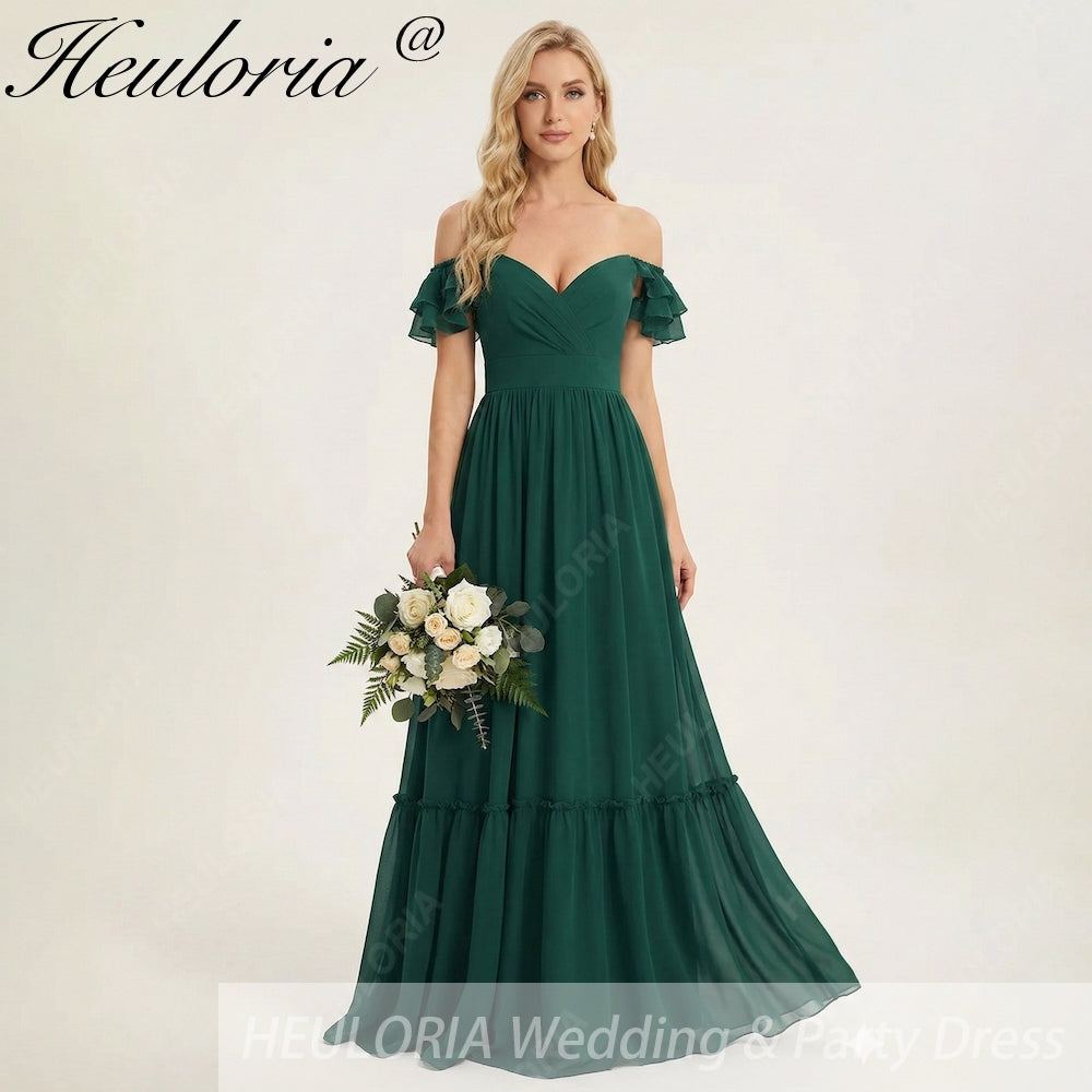 HEULORIA Dark Green A Line Off The Shoulder Chiffon Ruched Long Bridesmaid Dress ED-245