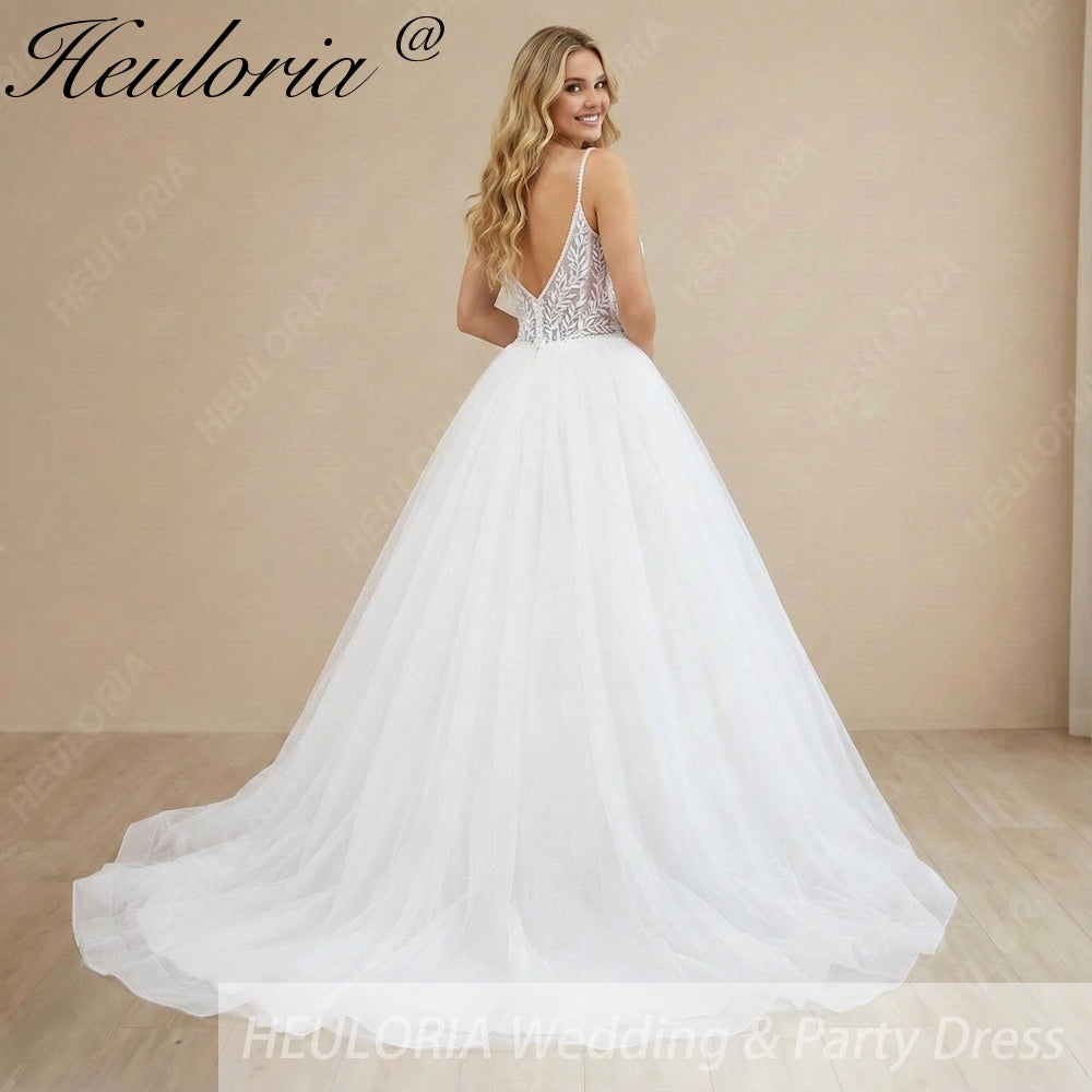 HEULORIA  elegant A line wedding dress Spaghetti Strap lace applique bridal dress Robe De Mariee Wedding Bride Dress AL-1088