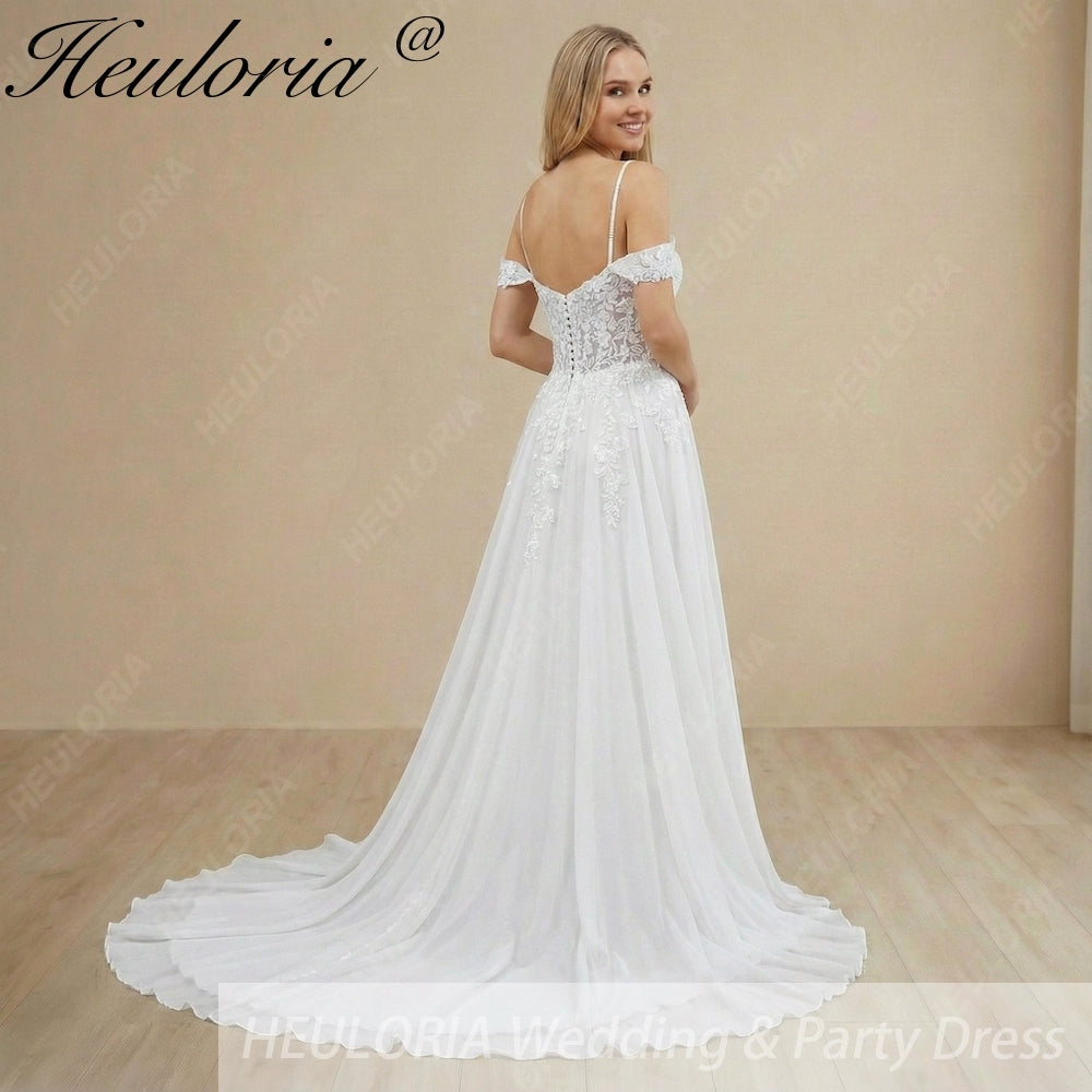 HEULORIA Ethereal Plunging V-Neck Off-the-Shoulder Lace A-Line Wedding Dress with Chapel Train AL-1054