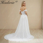 HEULORIA Ethereal Plunging V-Neck Off-the-Shoulder Lace A-Line Wedding Dress with Chapel Train AL-1054