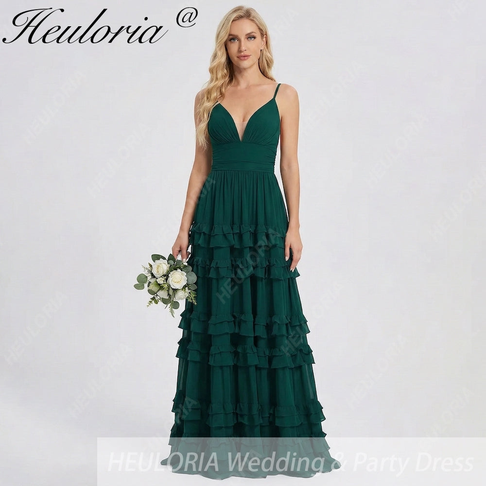 HEULORIA Dark Green Deep V-Neck Tiered Ruffle Chiffon Maxi Dress - Elegant Evening Gown ED-242