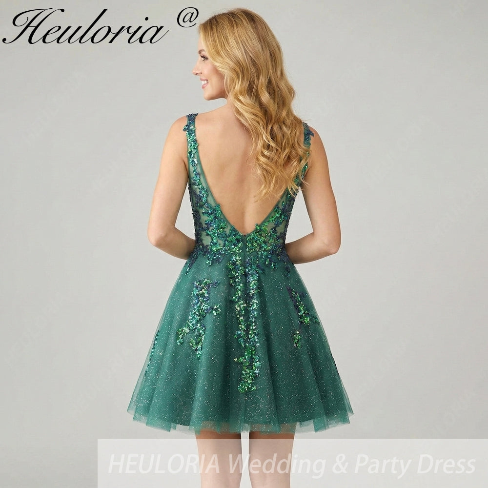 HEULORIA Sparkling V-Neck Sequined Lace Homecoming Dress - Sleeveless A-Line Short Party Gown ED-281 Image secondaire du produit