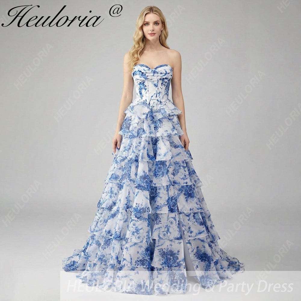 HEULORIA Vintage-Inspired Strapless Floral Gown: Sweetheart Corset Bodice Tiered Ruffle Evening Dress ED-233