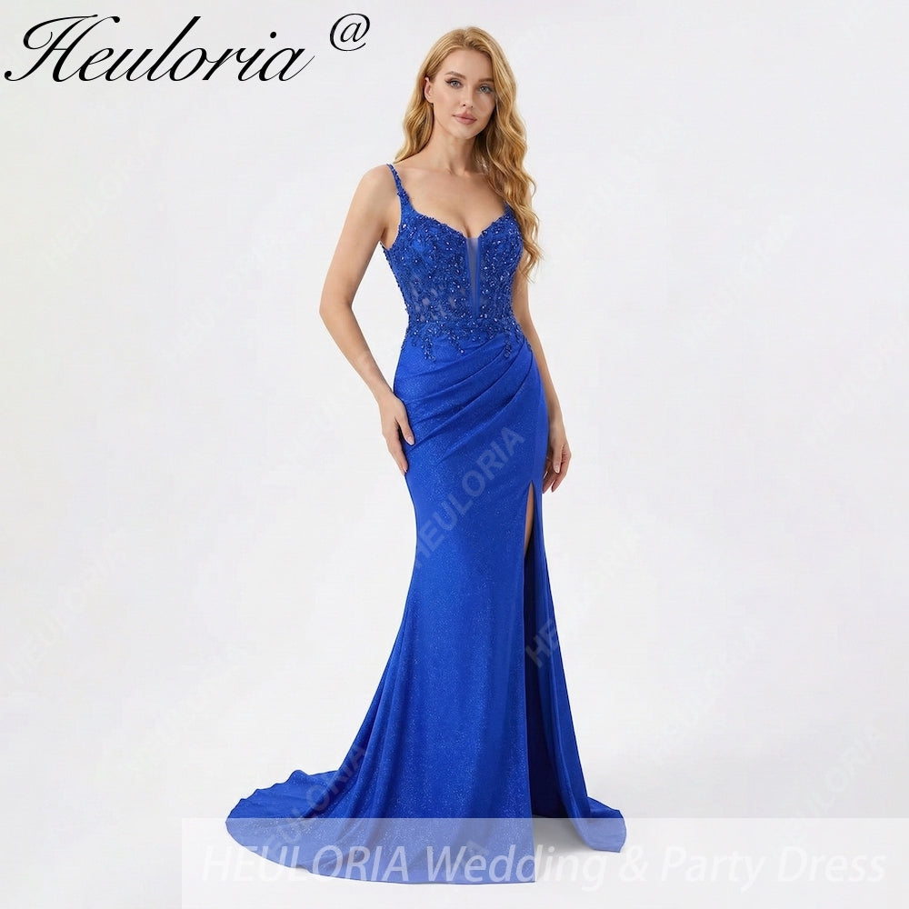 HEULORIA Stunning Royal Blue Sequin Lace Mermaid Prom Dress - Plunging V-Neck with Side Slit ED-213