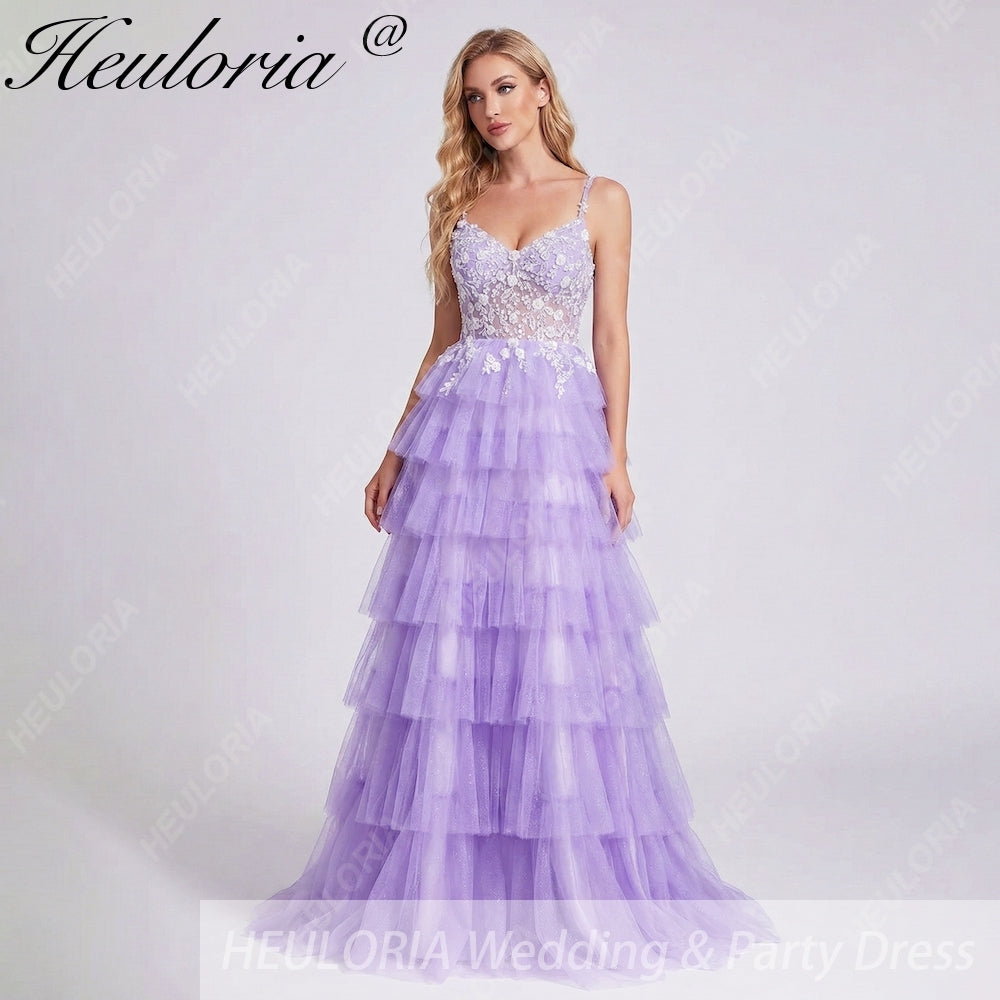 HEULORIA Enchanting Lavender Tiered Tulle Prom Dress - Floral Lace Bodice & Lace-Up Back ED-225