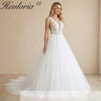 HEULORIA V Neck Sleeveless A line Wedding Dress Boho Lace Appliques Tulle Long Bridal Gowns Backless Vestidos de Novia Customized AL-1007