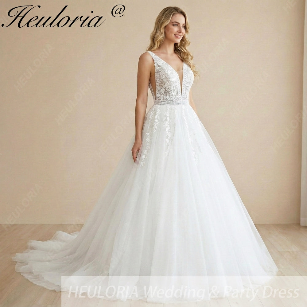 HEULORIA V Neck Sleeveless A line Wedding Dress Boho Lace Appliques Tulle Long Bridal Gowns Backless Vestidos de Novia Customized AL-1007