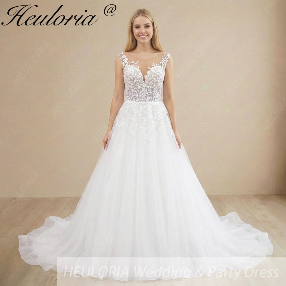 HEULORIA Ethereal Illusion V-Neck Floral Lace Wedding Dress - Shimmer Tulle A-Line Bridal Gown AL-1099
