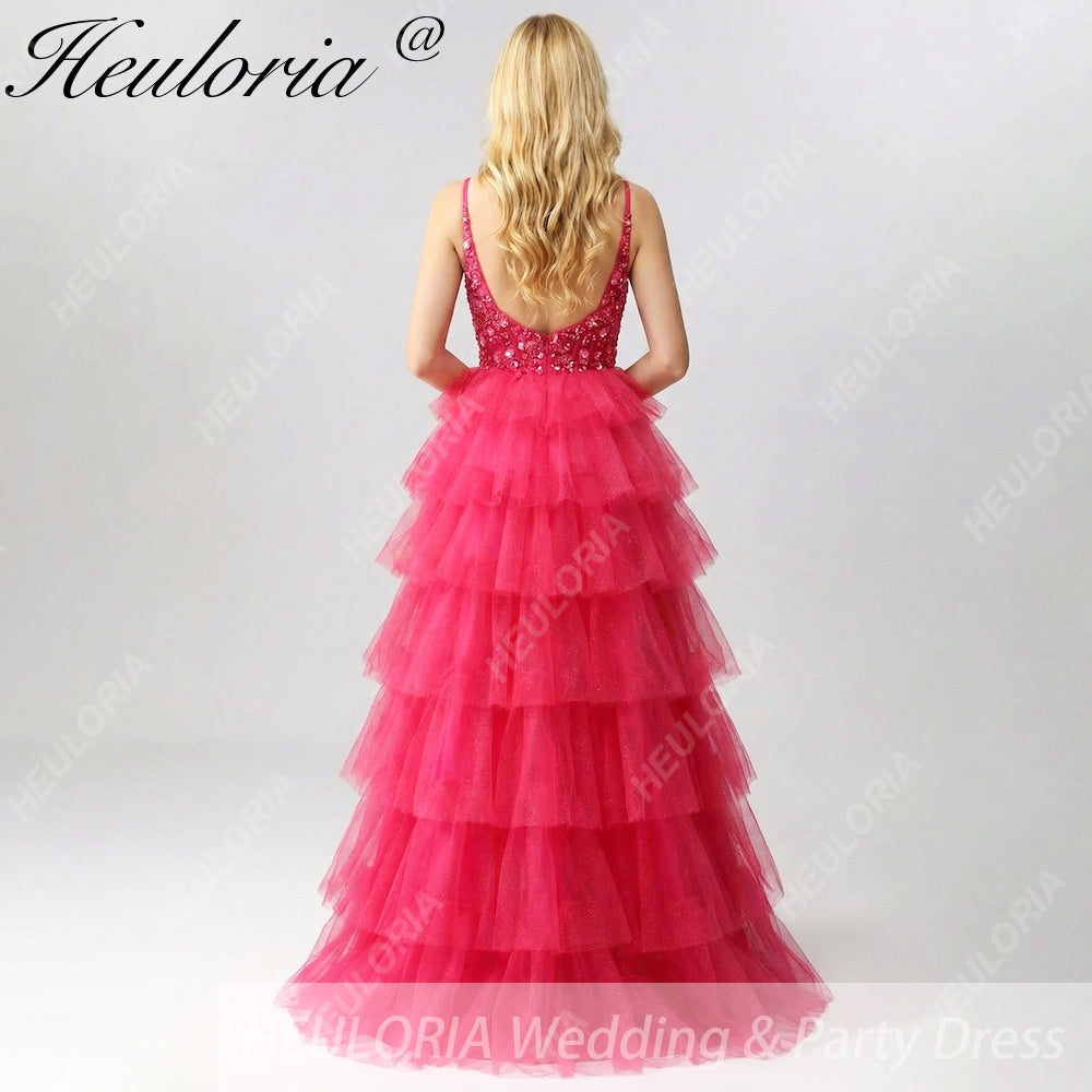HEULORIA Fuchsia V-Neck Tiered Tulle Prom Dress with Sequin Floral Bodice and Lace-Up Back ED-222