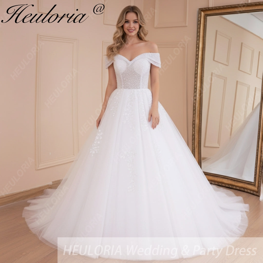 HEULORIA Princess Ball Gown Wedding Dress off shoulder bride dress plus size robe de mariee Lace beading Wedding Bridal Gown BA-527