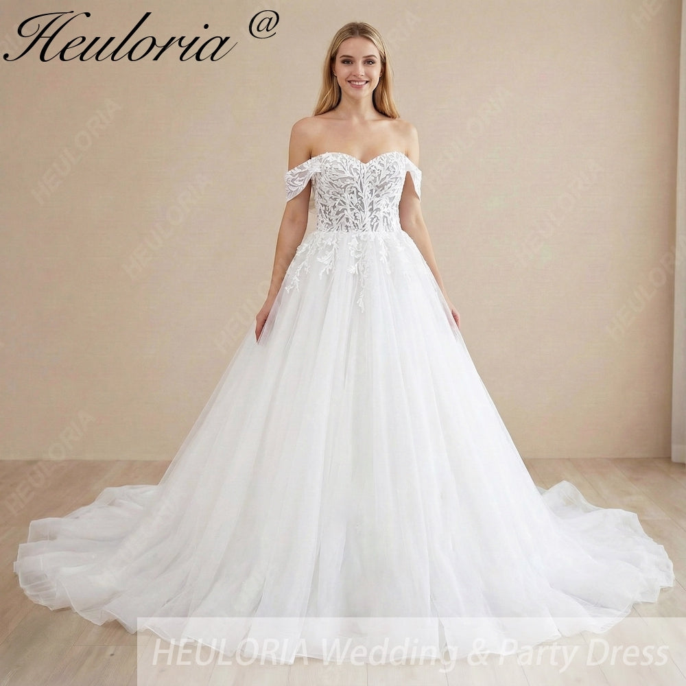 HEULORIA Ethereal Off-The-Shoulder Sweetheart Lace Wedding Dress with Chapel Train BA-1043