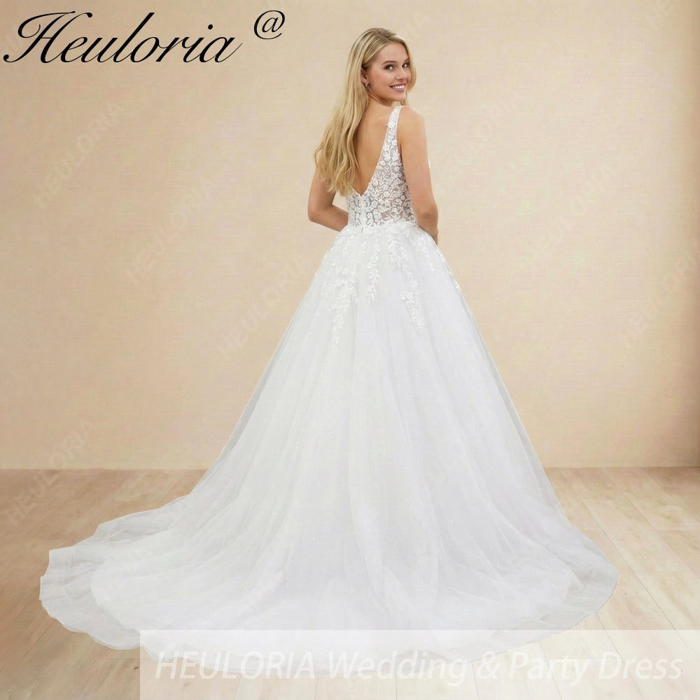 HEULORIA Romantic Floral Lace A-Line Wedding Dress - Deep V-Neck Shimmer Tulle Bridal Gown AL-1094