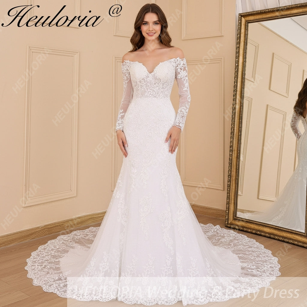 HEULORIA Off-the-Shoulder Long Sleeve Mermaid Wedding Dress with Intricate Lace and Chapel Train ME-629