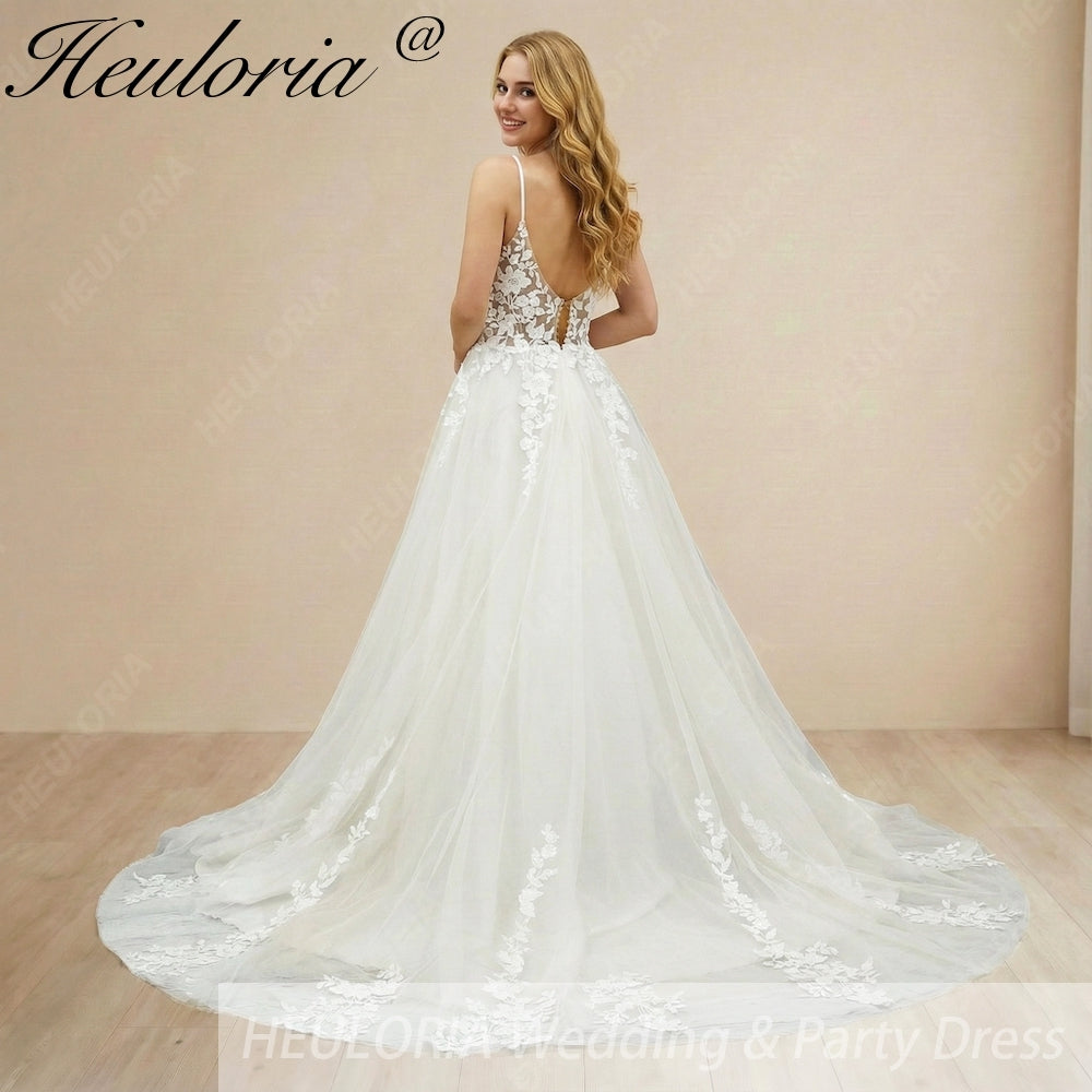 HEULORIA Ethereal Floral Lace A-Line Wedding Dress - Plunge V-Neck & Delicate Spaghetti Straps AL-1051