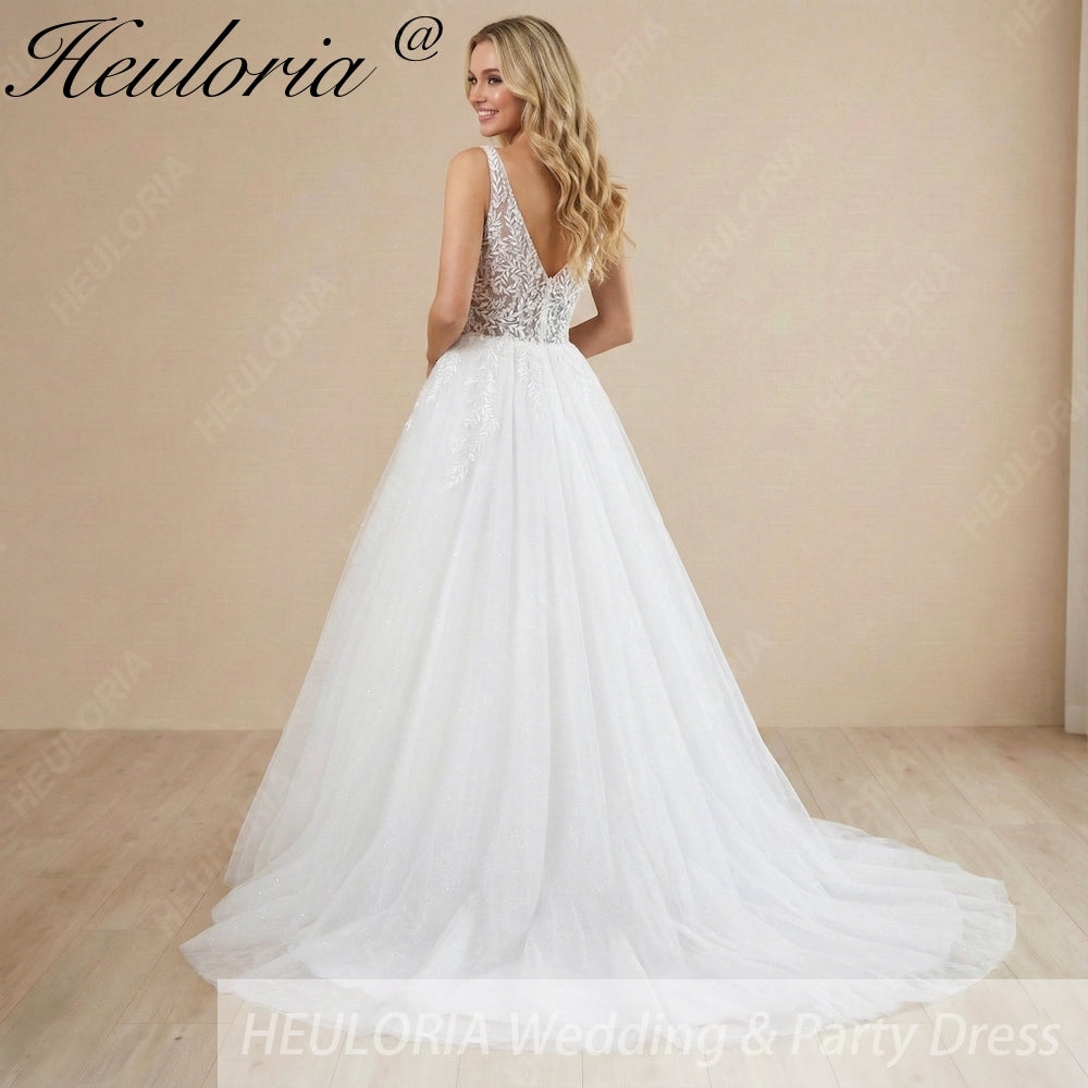 HEULORIA Ethereal Deep V-Neck Leaf Lace A-Line Wedding Dress - Shimmering Sequin Tulle & Corset Back AL-1063