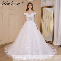 HEULORIA Ball-Gown/Princess Off the Shoulder Court Train Tulle Lace Wedding Dress With Sequins Beading BA-616