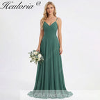 HEULORIA Eucalyptus Green Pleated Chiffon V-Neck Spaghetti Strap Floor-Length Evening Dress ED-261