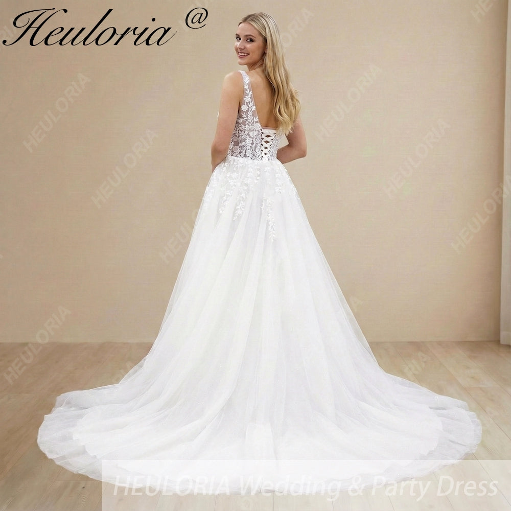 HEULORIA Botanical Leaf Lace Deep V-Neck A-Line Wedding Dress with Daring Thigh Slit & Shimmer Tulle AL-1065 Secondary image