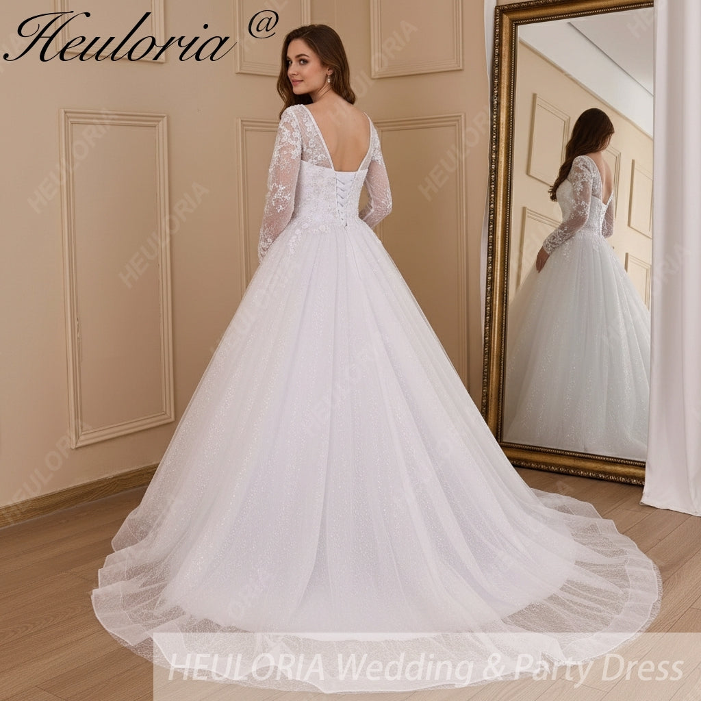 HEULORIA Ball-Gown/Princess long sleeve Chapel Train Lace Tulle Wedding Dress With Sequins Beading BA-654A
