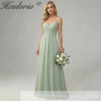 HEULORIA Dusty Sage V-Neck Criss-Cross Pleated Chiffon Maxi Dress - Adjustable Spaghetti Straps Bridesmaid Dress ED-254