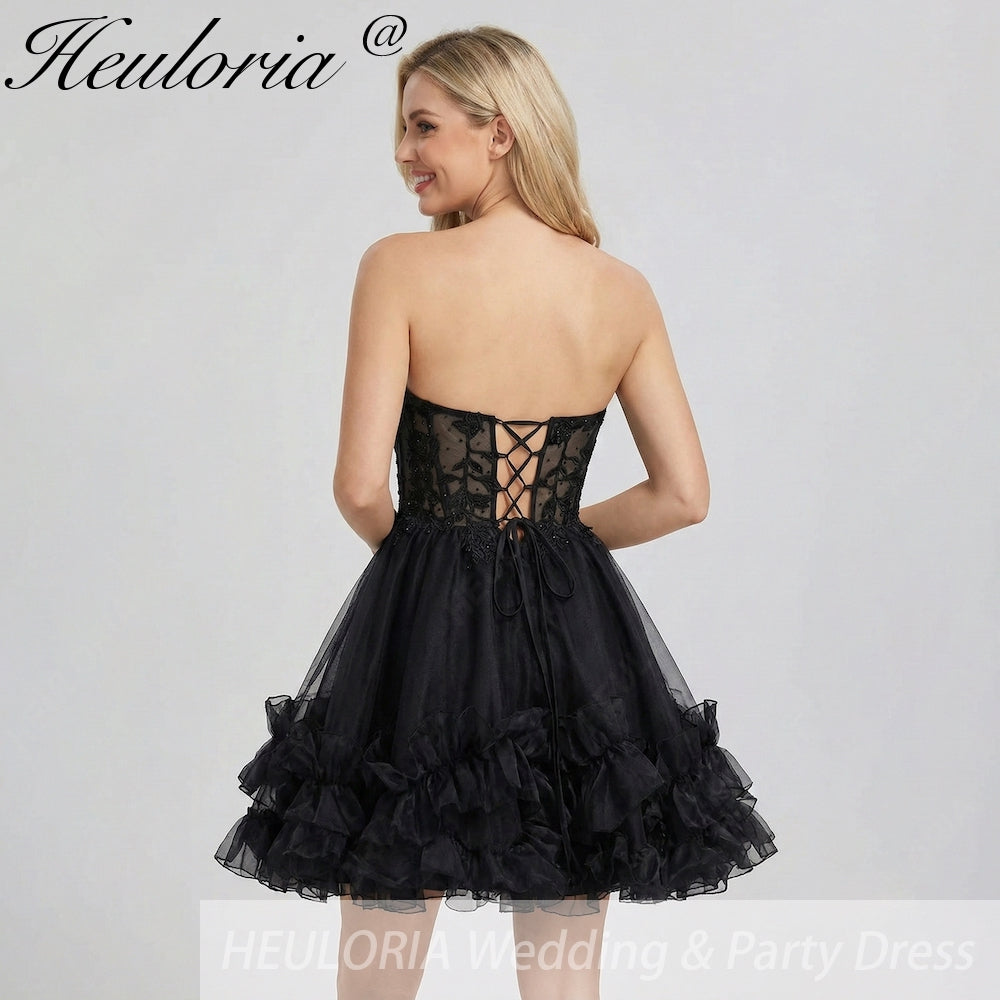 Black Strapless Sweetheart Corset Prom Dress | Ruffled Mini Gown | Heuloria Black / Custom size Black Strapless Sweetheart Corset Prom Dress | Ruffled Mini Gown | Heuloria Black / Custom size