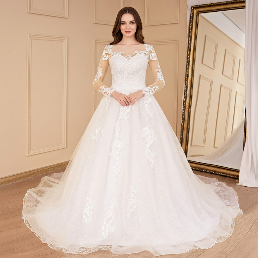 HEULORIA A-line long sleeve Court Train Lace Wedding Dress With Sequins AL-692