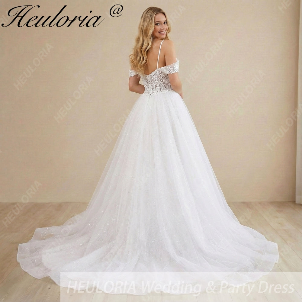 Sparkling Glitter Tulle A-Line Wedding Dress: Sweetheart Plunge & Detachable Lace Sleeves AL-1024