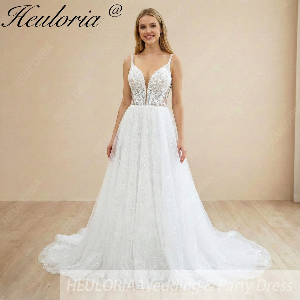 HEULORIA Shimmering Sequin Tulle A-Line Wedding Dress with Plunging V-Neck and Spaghetti Straps AL-1097
