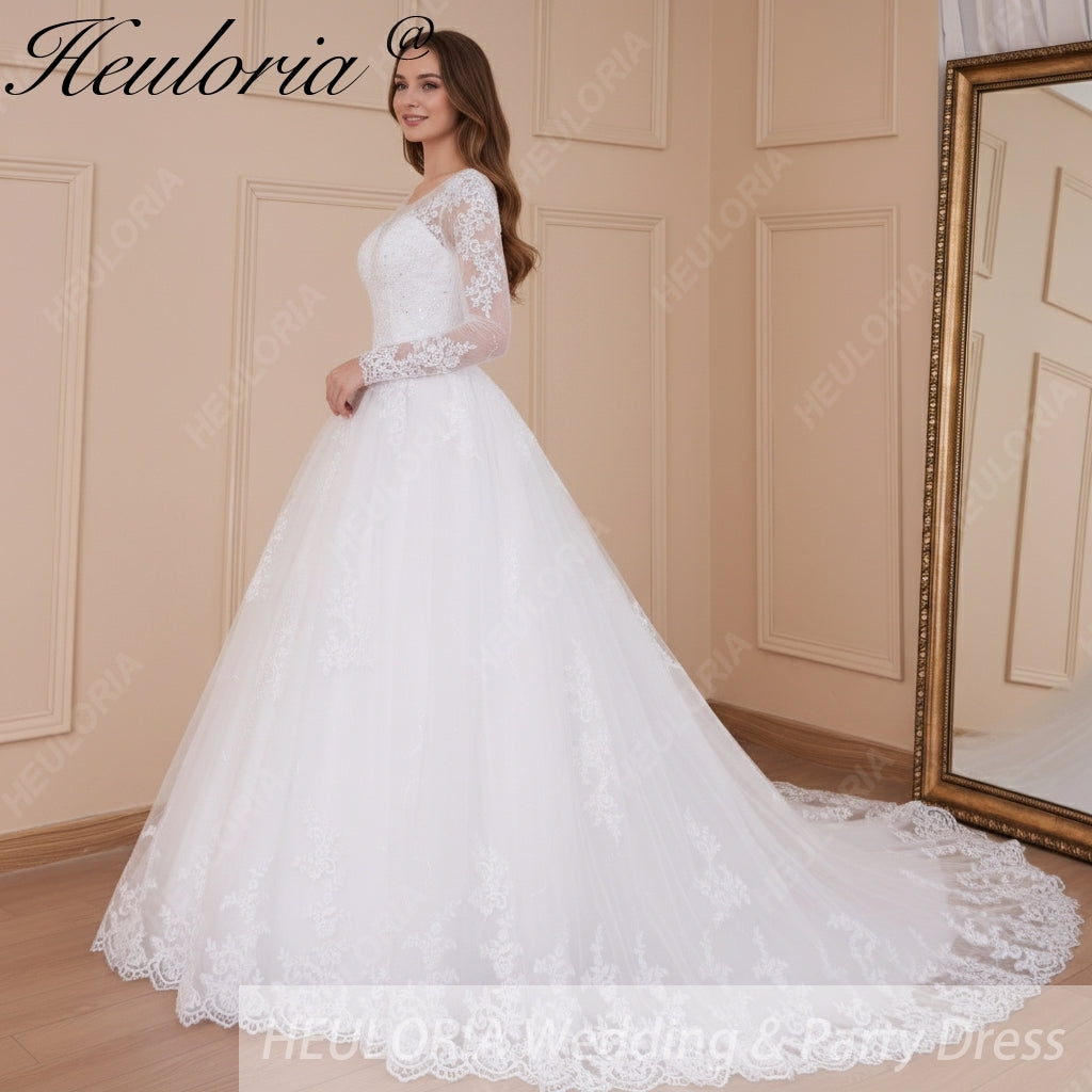 HEULORIA princess wedding dress long sleeve shinny skirt lace applique plus size pearl beads bride dress customize BA-535