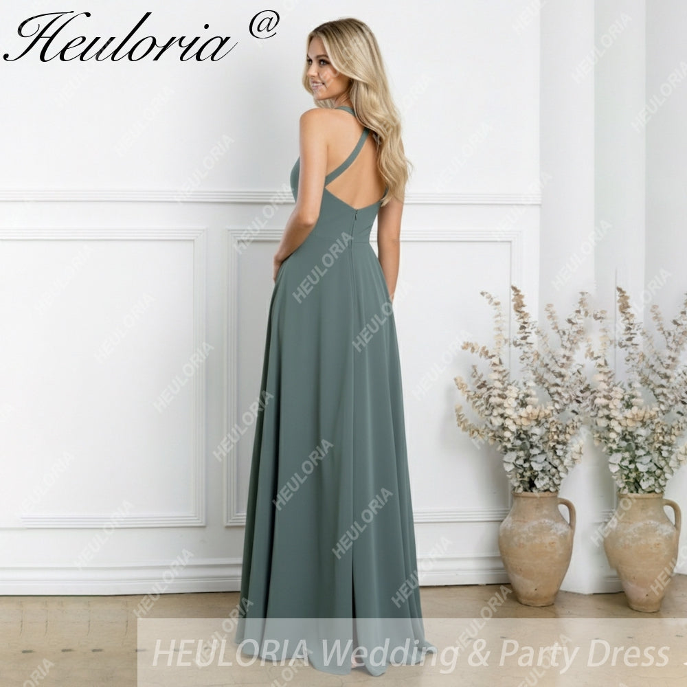 HEULORIA Long Bridemaid dress halter neck chiffon party dress formal dress ED-108