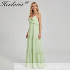 HEULORIA Sage Green Ruffled V-Neck Tiered Chiffon Maxi Dress with Lace-Up Back ED-375