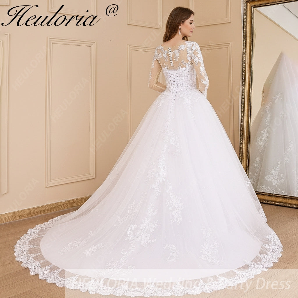 HEULORIA Princess Ball Gown Wedding Dress long sleeve bride dress o neck plus size robe de mariee Lace beading Wedding Bridal Gown BA-638