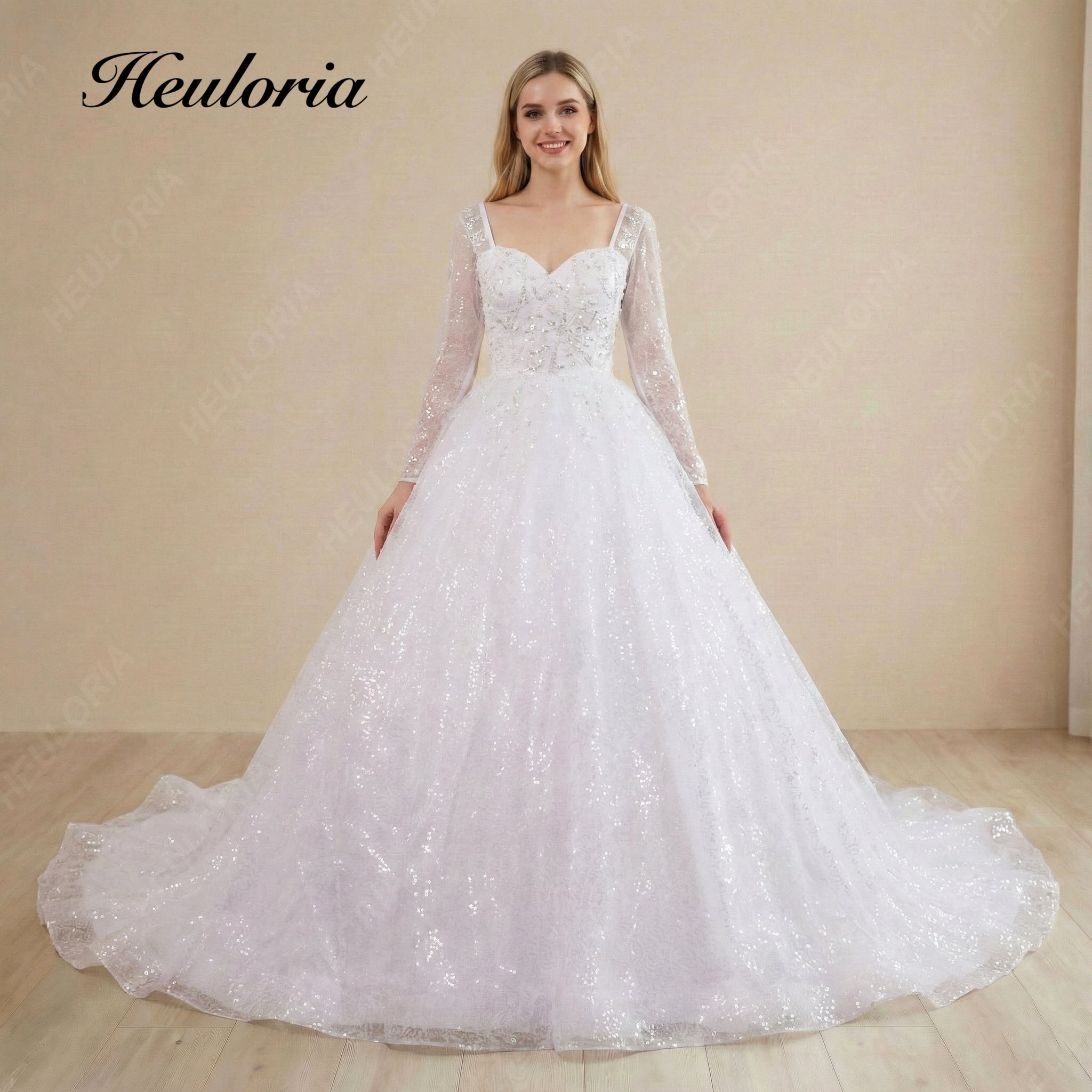 HEULORIA Elegant 3D Floral Lace Long Sleeve Wedding Dress - Sparkly Sequin Tulle Ball Gown with Corset Back BA-654A