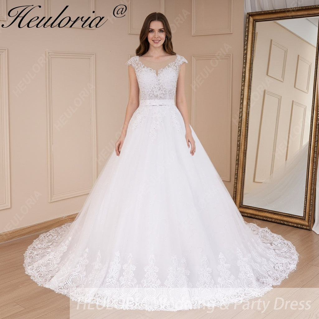 Elegant Illusion Lace Cap Sleeve A-Line Wedding Dress | Heuloria Ivory / 18W / 100cm Elegant Illusion Lace Cap Sleeve A-Line Wedding Dress | Heuloria Ivory / 18W / 100cm