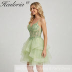 HEULORIA Sage Green Sequin Floral Corset Short Homecoming Dress - Tiered Tulle Party Gown ED-320