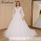 HEULORIA elegant A line long sleeve Court Train Tulle Lace Wedding Dress With Sequins AL-694